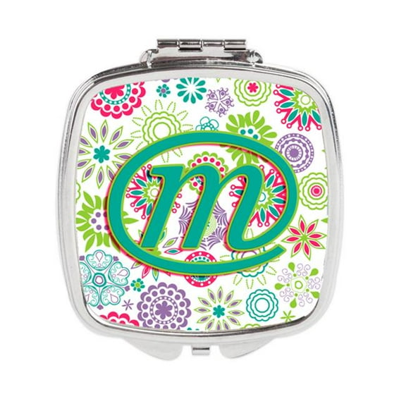 Letter M Flowers Pink Teal Green Initial Compact Mirror