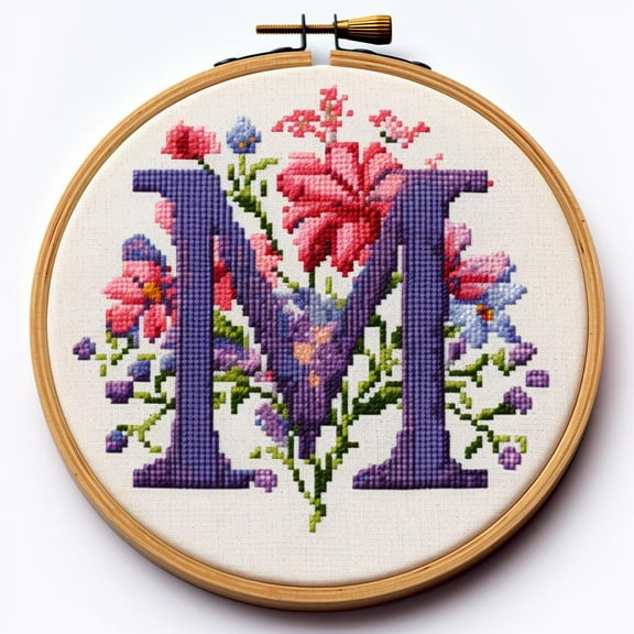 Letter M in Flowers Stamped Cross Stitch Kits for Beginners Easy with Hoop 11CT Needlepoint Embroidery Counted Cross Stitch Kits Art Craft Wall Decoration 35x35cm(5)