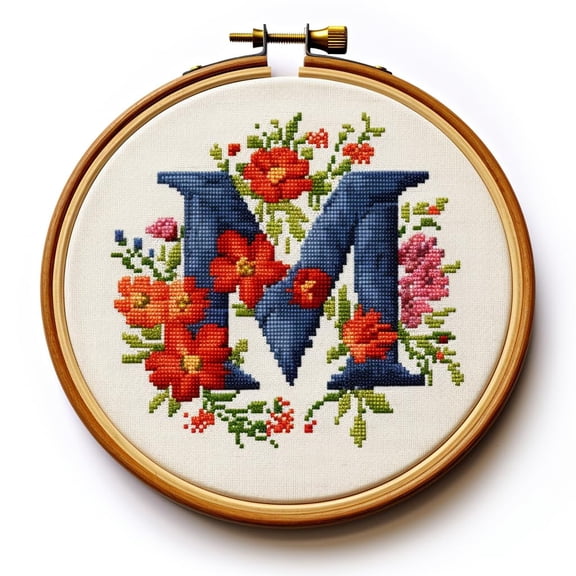 Letter M in Flowers Stamped Cross Stitch Kits for Beginners Easy with Hoop 11CT Needlepoint Embroidery Counted Cross Stitch Kits Art Craft Wall Decoration 35x35cm(8)