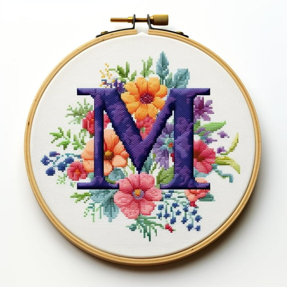 Letter M in Flowers Stamped Cross Stitch Kits for Beginners Easy with Hoop 11CT Needlepoint Embroidery Counted Cross Stitch Kits Art Craft Wall Decoration 35x35cm(7)