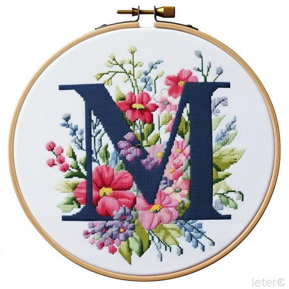 Letter M in Flowers Stamped Cross Stitch Kits for Beginners Easy with Hoop 11CT Needlepoint Embroidery Counted Cross Stitch Kits Art Craft Wall Decoration 35x35cm(6)