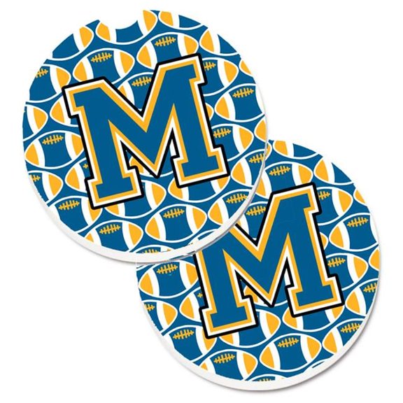Letter M Football Blue & Gold Set of 2 Cup Holder Car Coaster