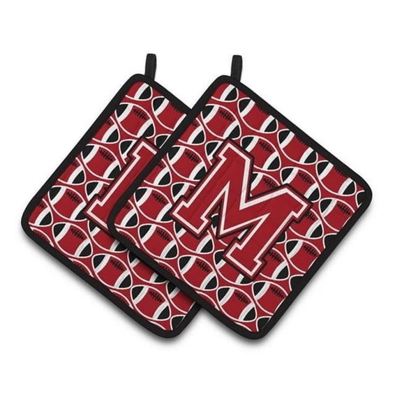 Letter M Football Red - Black & White Pair of Pot Holders