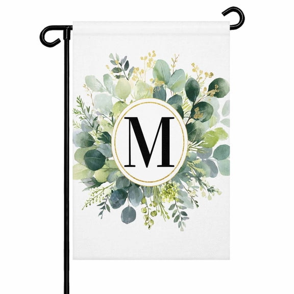 Letter M Garden Flag 12x18 Inch Alphabet Green Eucalyptus Leaves Plant Simple Double Sided Small Decorative Garden Flags for Outside, Outdoor Yard Porch Lawn Decoration