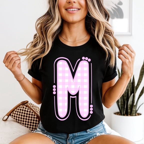 Letter M Gingham Monogram Womens T-Shirt Initial Design All Size S-5XL