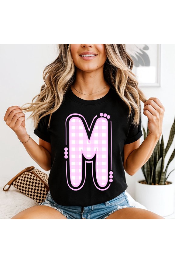 Letter M Gingham Monogram Womens T-Shirt Initial Design All Size S-5XL
