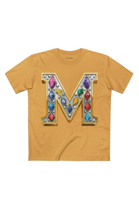 Letter M Graphic Design Tee Unisex 100 Cotton With Antique Gold Letters Artwork T-Shirt