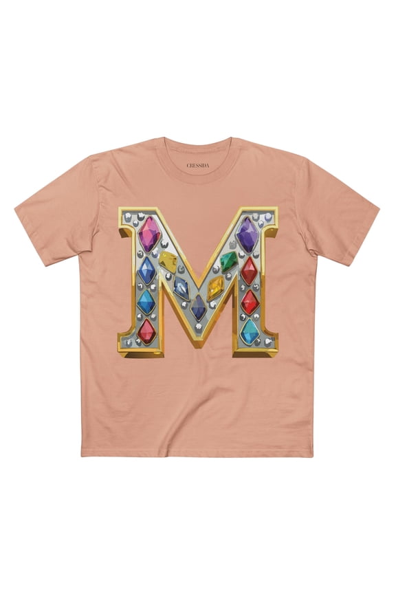 Letter M Graphic Design Tee Unisex 100 Cotton With Antique Gold Letters Artwork T-Shirt