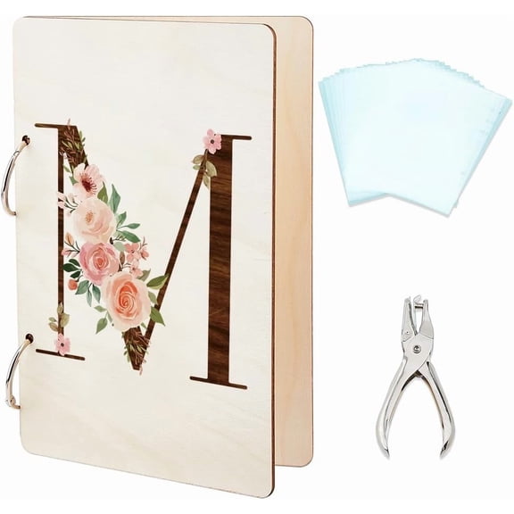 Letter M Greeting Card Organizer Flowers Planning Book Binder Card Keeper Birthday Wooden Postcard Storage Photo Album Cover with Punch and 20pcs Inner Pockets Personalized Gifts