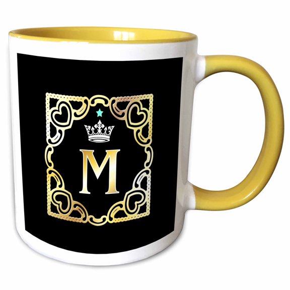 3drose, Letter M- Image of Monogram with Crown and Blue Star- Not Metal Foil, 11oz Two-tone Yellow Mug