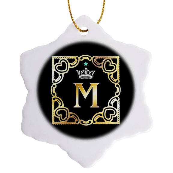 3drose, Letter M- Image of Monogram with Crown and Blue Star- Not Metal Foil, 3 inch Snowflake Porcelain Ornament