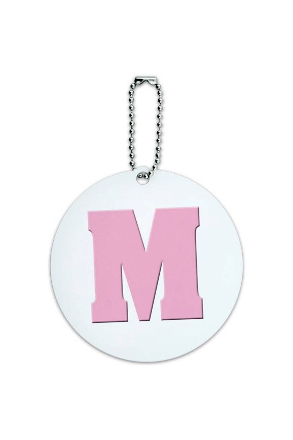 Letter M Initial Baby Girl Block Font Pink Shower Round Luggage ID Tag Card for Suitcase or Carry-On