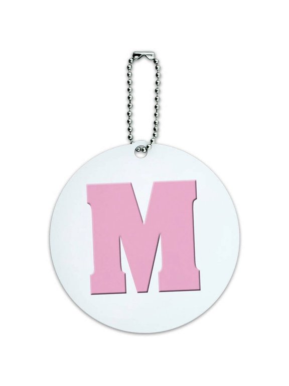 Letter M Initial Baby Girl Block Font Pink Shower Round Luggage ID Tag Card for Suitcase or Carry-On