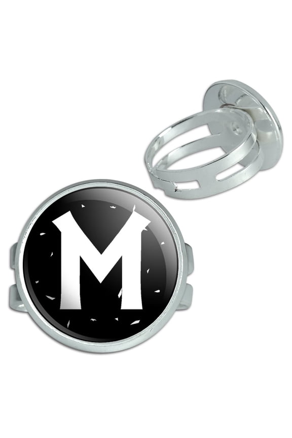 Letter M Initial Black And White Silver Plated Adjustable Novelty Ring