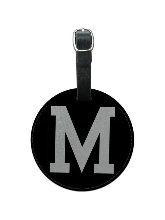 Letter M Initial Black White Round Leather Luggage ID Tag Suitcase Carry-On