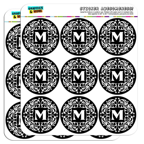 Letter M Initial Black White Scrolls 2" Scrapbooking Crafting Stickers