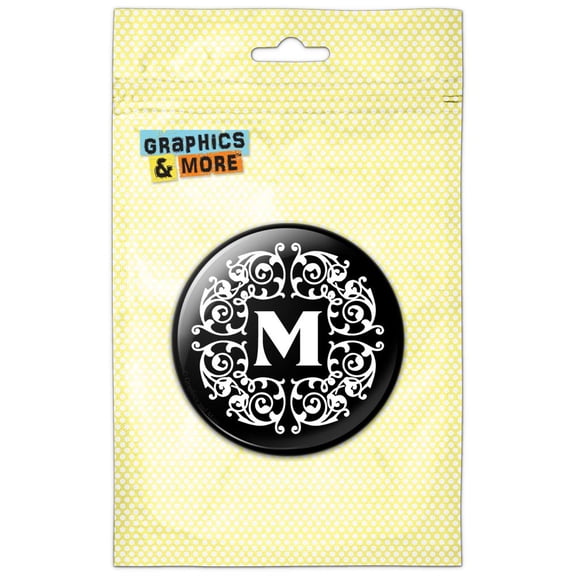 Letter M Initial Black White Scrolls Refrigerator Button Magnet