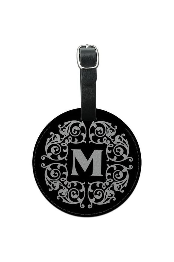 Letter M Initial Black White Scrolls Round Leather Luggage ID Tag Suitcase