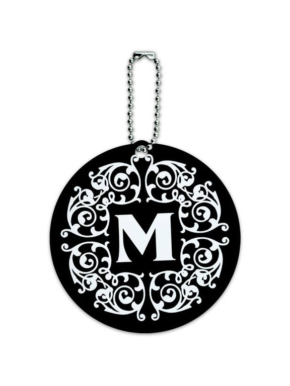Letter M Initial Black White Scrolls Round Luggage ID Tag Card for Suitcase or Carry-On