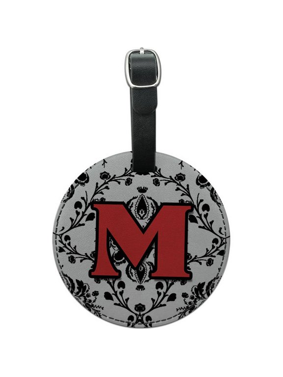 Letter M Initial Damask Elegant Red Black Round Leather Luggage ID Tag Suitcase