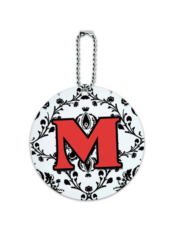 Letter M Initial Damask Elegant Red Black Round Luggage ID Tag Card for Suitcase or Carry-On