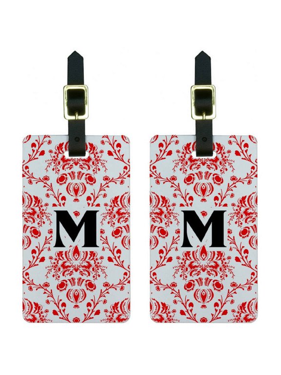 Letter M Initial Damask Elegant Red Black White Luggage Tags ID, Set of 2