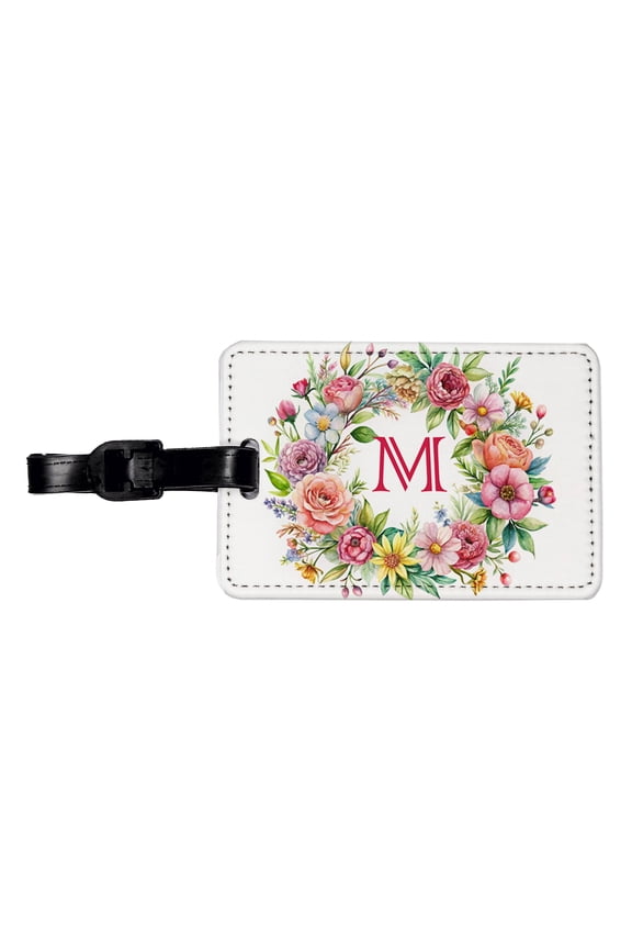 Letter M Initial Monogram Flowers Floral Faux Leather Travel Luggage Tag