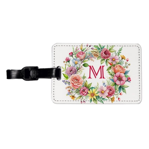 Letter M Initial Monogram Flowers Floral Faux Leather Travel Luggage Tag