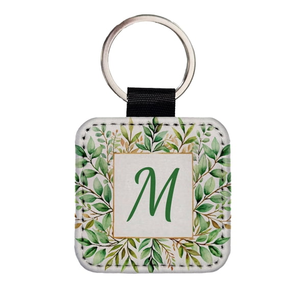 Letter M Initial Monogram Frame Leaf Faux Leather Square Keychain
