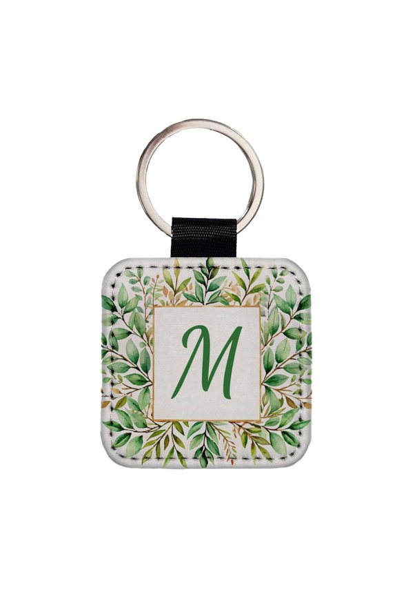 Letter M Initial Monogram Frame Leaf Faux Leather Square Keychain