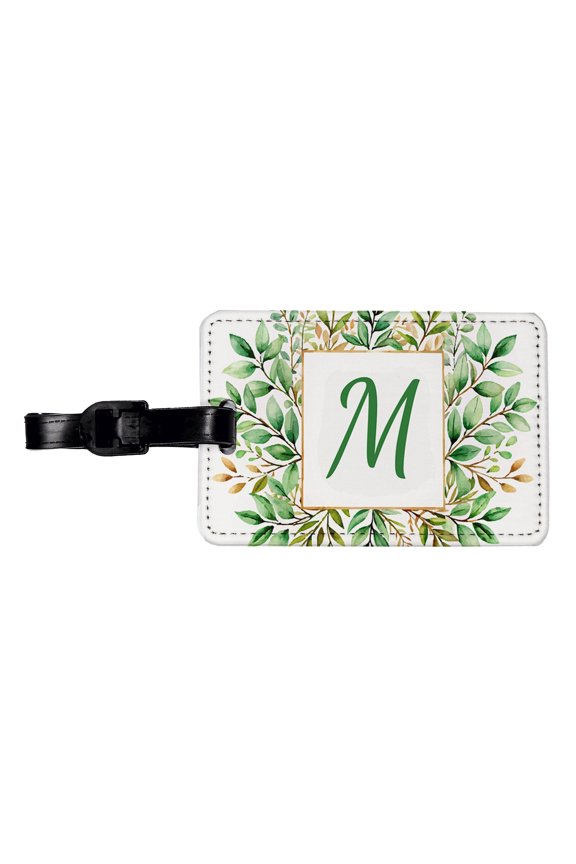 Letter M Initial Monogram Frame Leaf Faux Leather Travel Luggage Tag