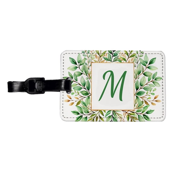 Letter M Initial Monogram Frame Leaf Faux Leather Travel Luggage Tag