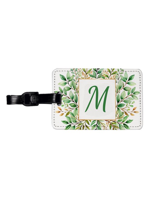 Letter M Initial Monogram Frame Leaf Faux Leather Travel Luggage Tag