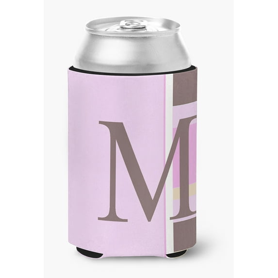 Letter M Initial Monogram - Pink Stripes Can or Bottle Hugger