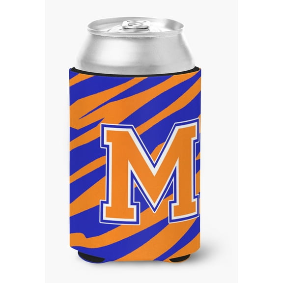 Letter M Initial Monogram Tiger Stripe Blue Orange Can or Bottle Beverage Insulator Hugger