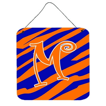Letter M Initial Tiger Stripe Blue and Orange Wall or Door Hanging Prints
