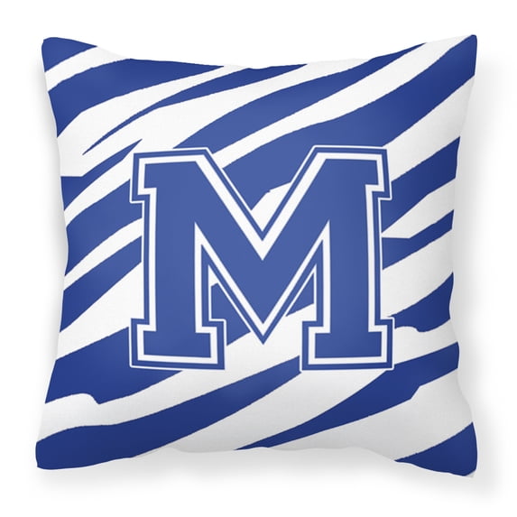 Letter M Initial Tiger Stripe Blue and White Fabric Decorative Pillow
