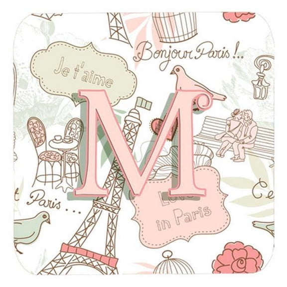Letter M Love In Paris Pink Foam Coasters- Set Of 4