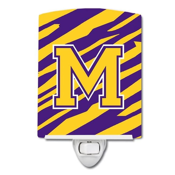Letter M Monogram Tiger Stripe Purple Gold Ceramic Night Light