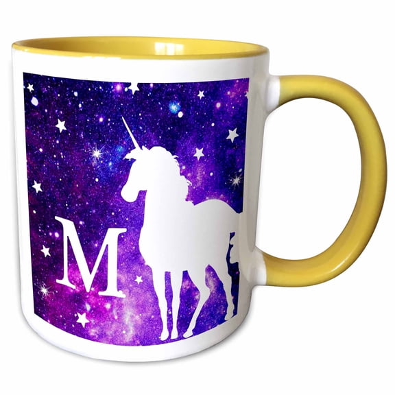 3drose, Letter M Monogram Unicorn Purple Space Stars Personalized Initial M, 11oz Two-tone Yellow Mug