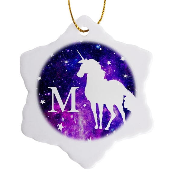 3drose, Letter M Monogram Unicorn Purple Space Stars Personalized Initial M, 3 inch Snowflake Porcelain Ornament