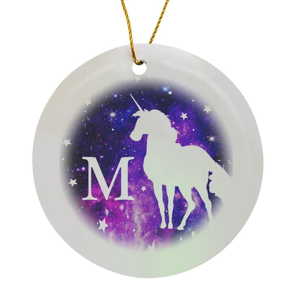 3drose, Letter M Monogram Unicorn Purple Space Stars Personalized Initial M, Circle Porcelain Ornament