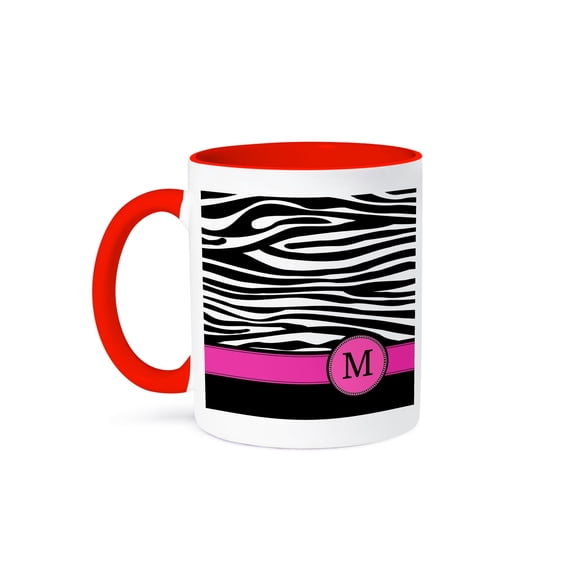 3dRose, Letter M monogrammed black and white zebra stripes animal print with hot pink personalized initial, 15oz Two-Tone Red Mug