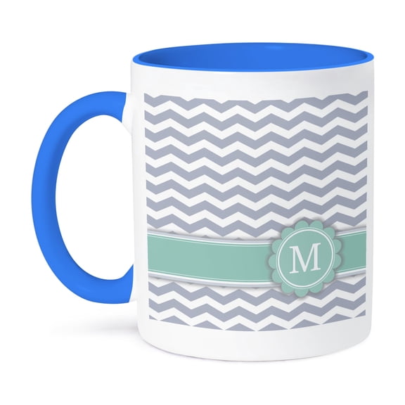 3dRose, Letter M monogrammed on grey and white chevron with mint - gray zigzags - personal initial zig zags, 11oz Two-Tone Blue Mug