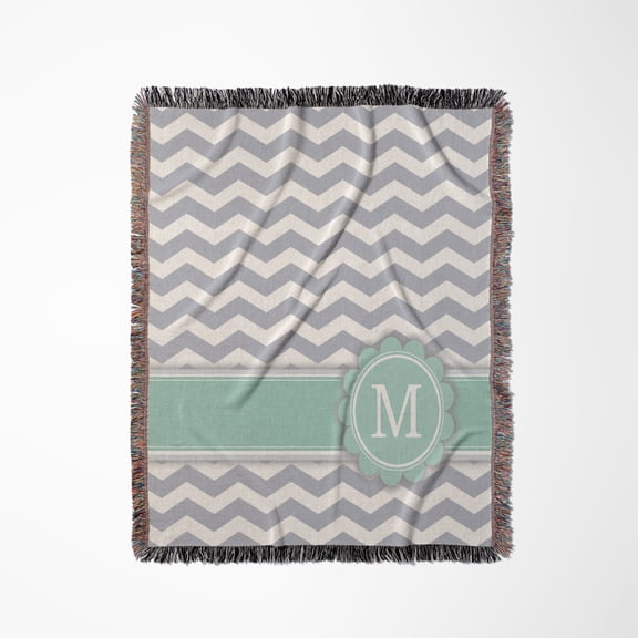 Letter M Monogrammed On Grey And White Chevron With Mint - Gray Zigzags - Personal Initial Zig Zags, Woven Blanket