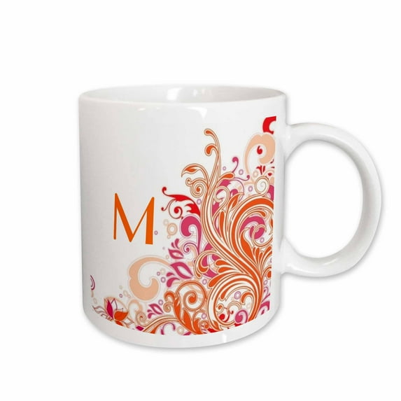 3drose, Letter M on Pretty Pink N Orange Swirls, 15oz Mug