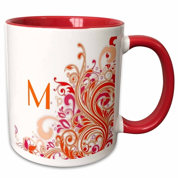 3drose, Letter M on Pretty Pink N Orange Swirls, 15oz Two-tone Red Mug