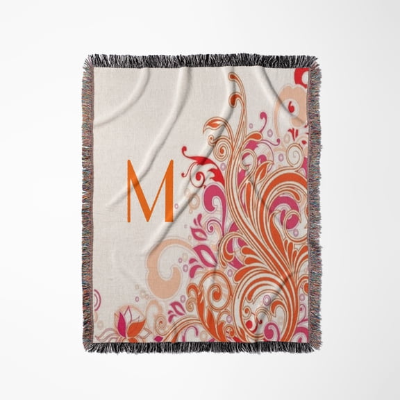 Letter M On Pretty Pink N Orange Swirls, Woven Blanket