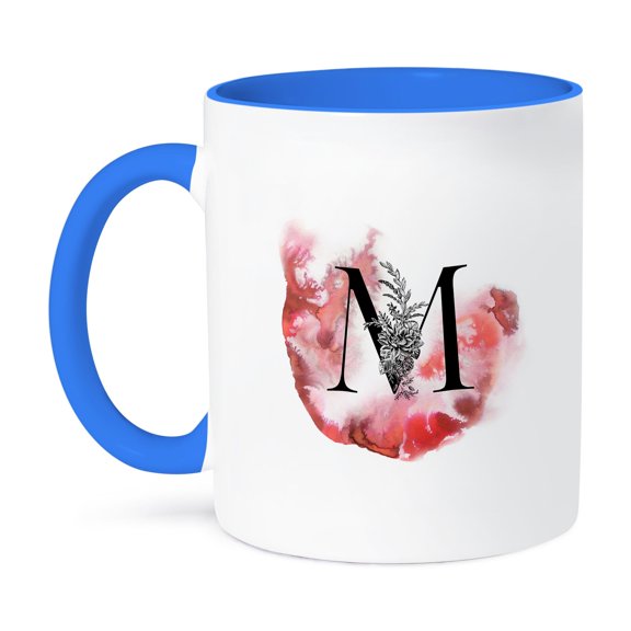 3dRose, Letter M Personal Floral Vintage Floral Monogram-Personalized Initial, 11oz Two-Tone Blue Mug