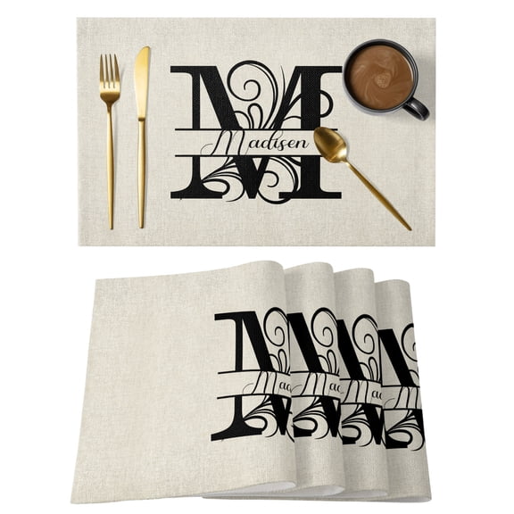Letter M Placemats Set of 2, Cotton Linen Fabric Place Mats, Monogram Words Washable Decorative Table Mats Protector for Home Kitchen Dining Wedding Party Coffee Tables